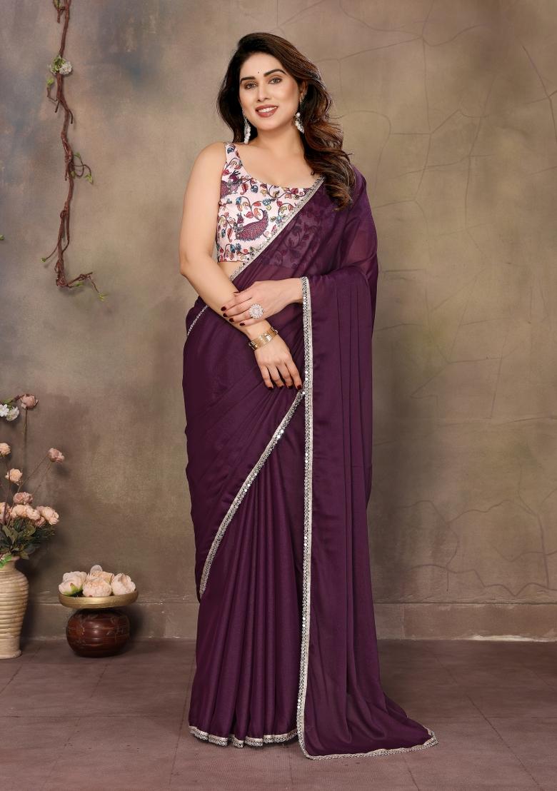 Wine Printed Blended Saree Collection