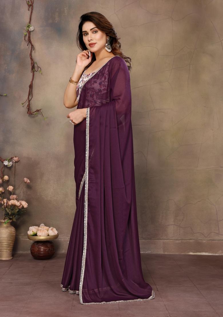 Wine Printed Blended Saree Collection