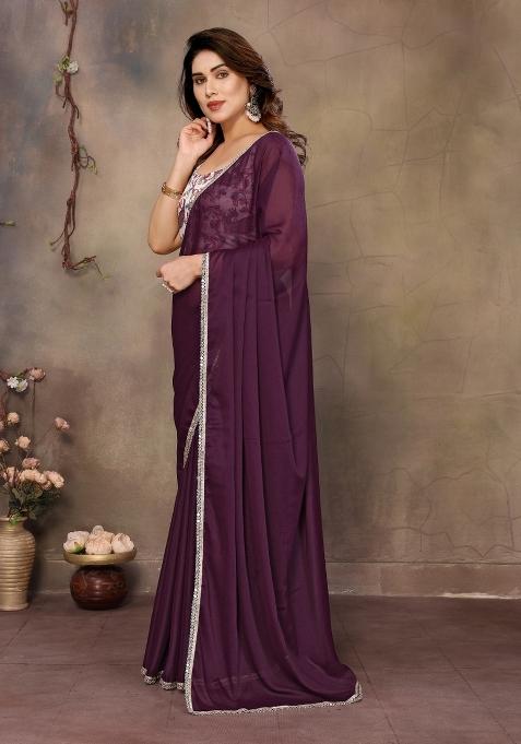 Wine Printed Blended Saree Collection