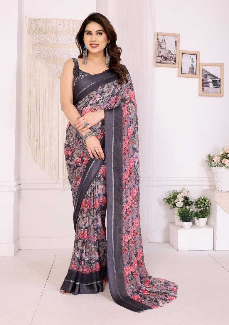 Black Printed Blended Saree Collection - Indya