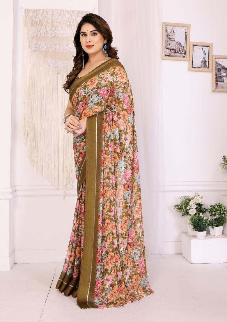 Cream Printed Blended Saree Collection - Indya