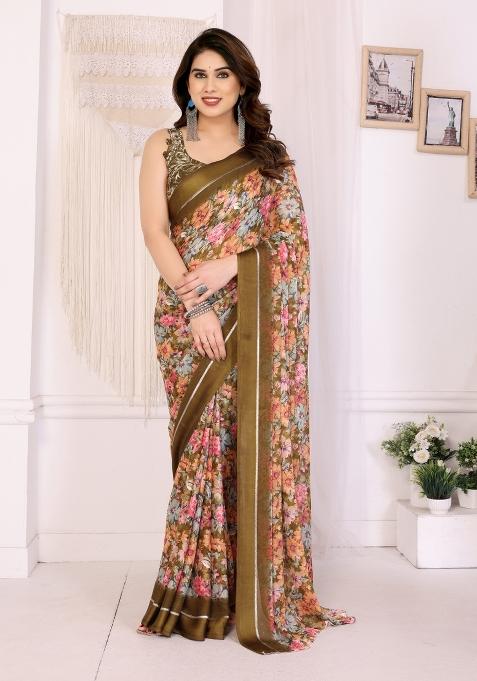Cream Printed Blended Saree Collection