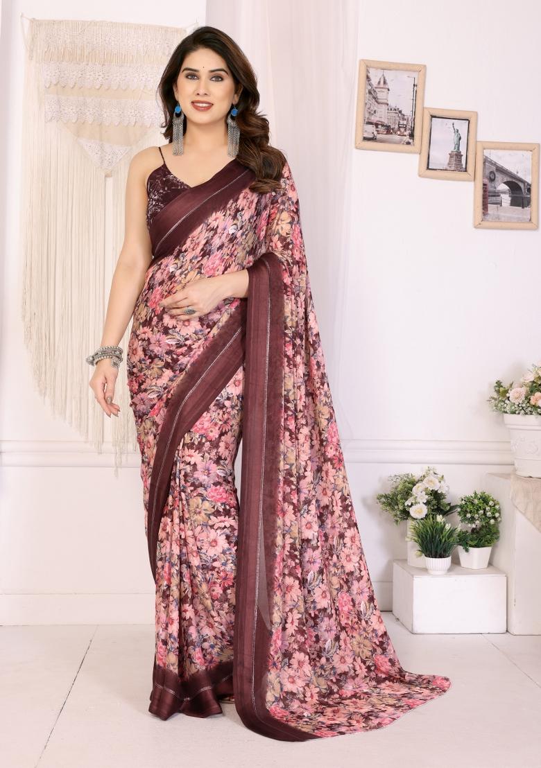 Maroon Printed Blended Saree Collection - Indya