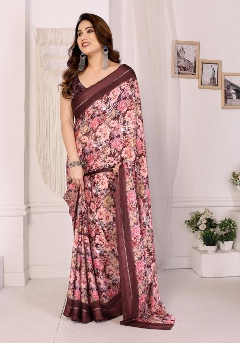 Maroon Printed Blended Saree Collection