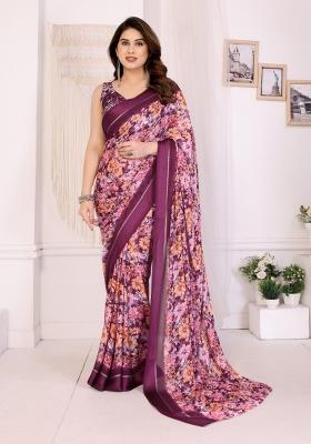 Purple Printed Blended Saree Collection