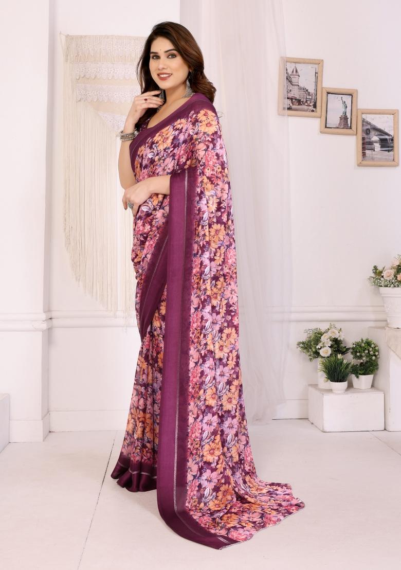 Purple Printed Blended Saree Collection - Indya