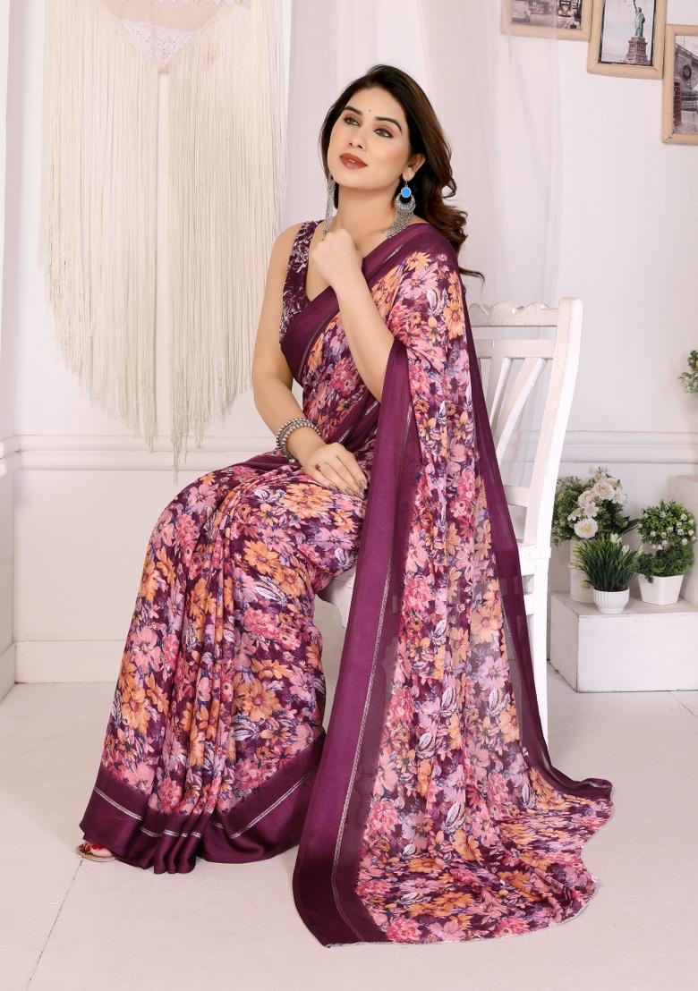 Purple Printed Blended Saree Collection - Indya