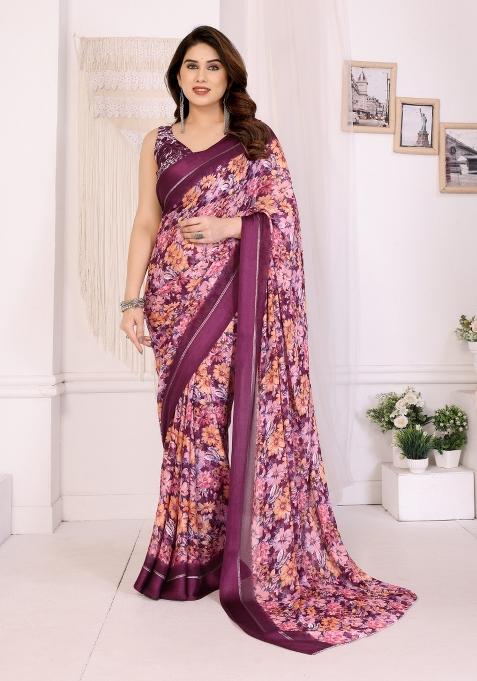 Purple Printed Blended Saree Collection