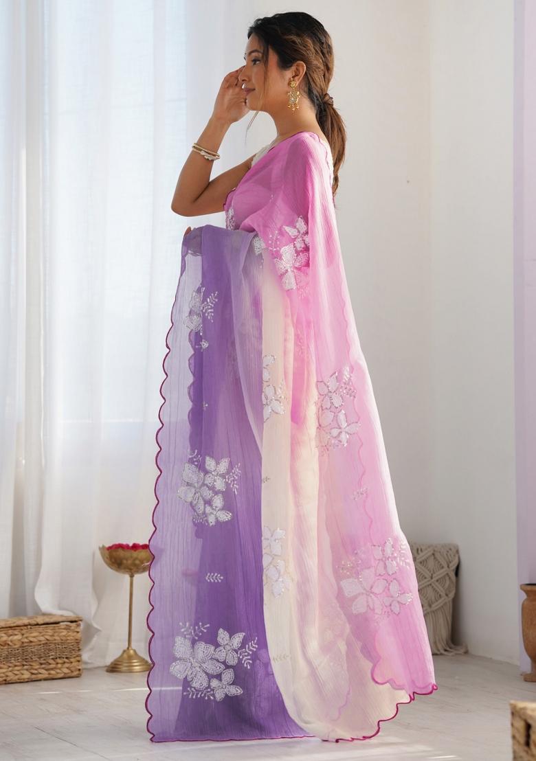 Pink Printed Blended Saree Collection - Indya