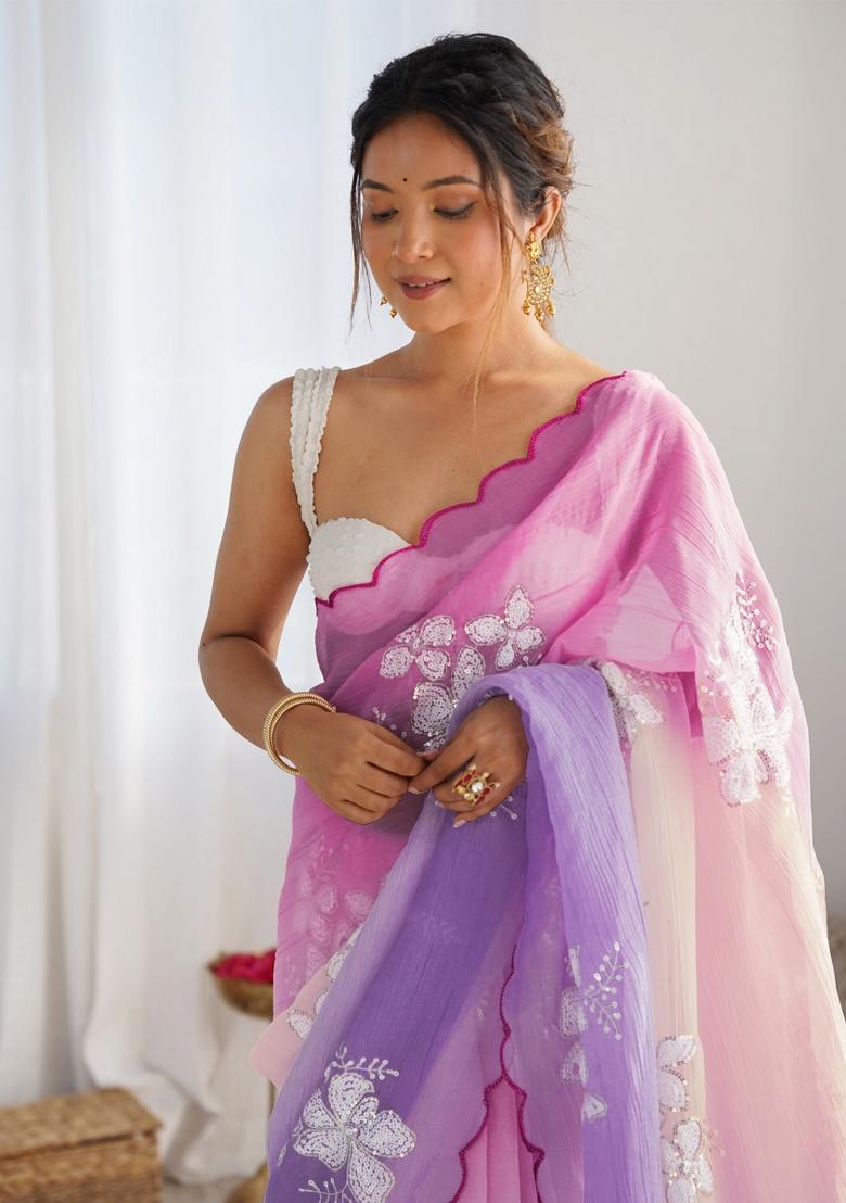 Pink Printed Blended Saree Collection - Indya