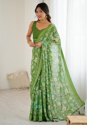 Green Printed Blended Saree Collection