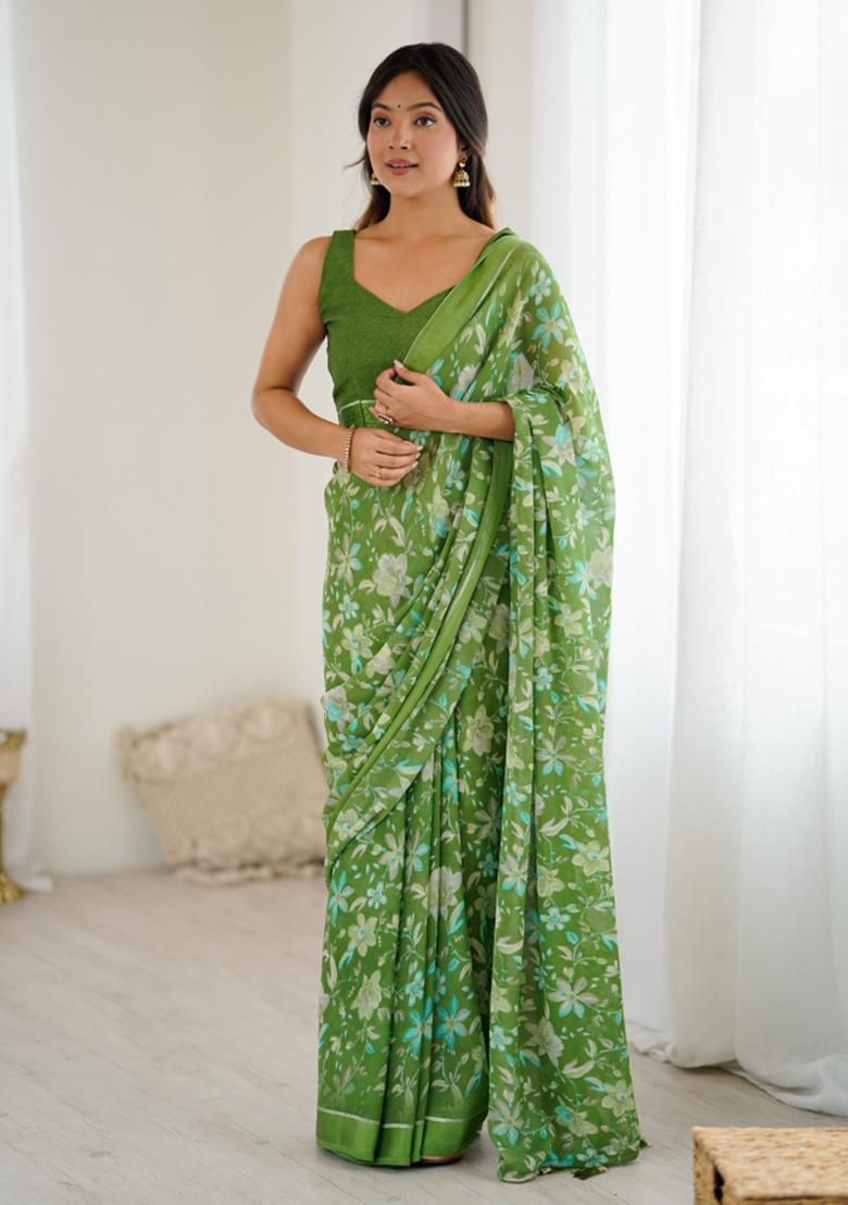 Green Printed Blended Saree Collection - Indya