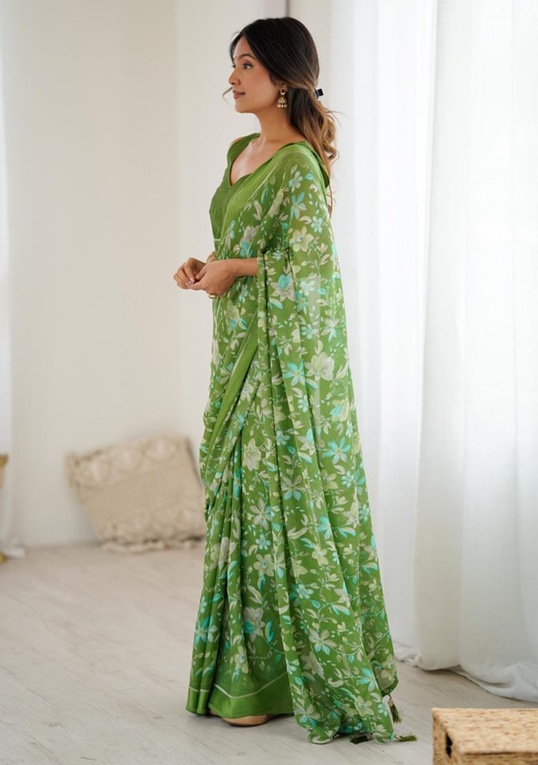 Green Printed Blended Saree Collection - Indya
