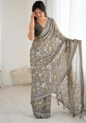 Grey Printed Blended Saree Collection