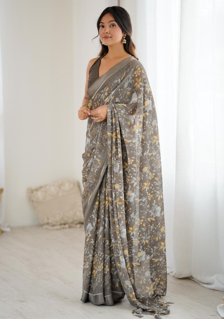 Grey Printed Blended Saree Collection - Indya
