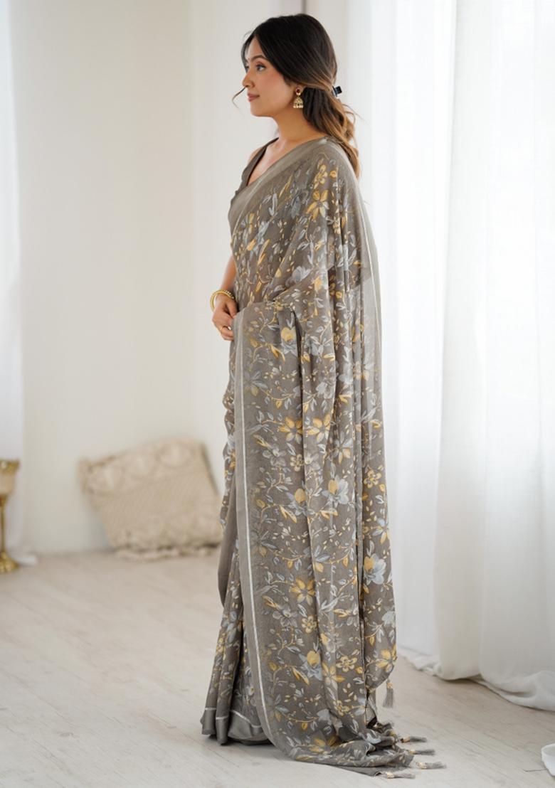 Grey Printed Blended Saree Collection - Indya