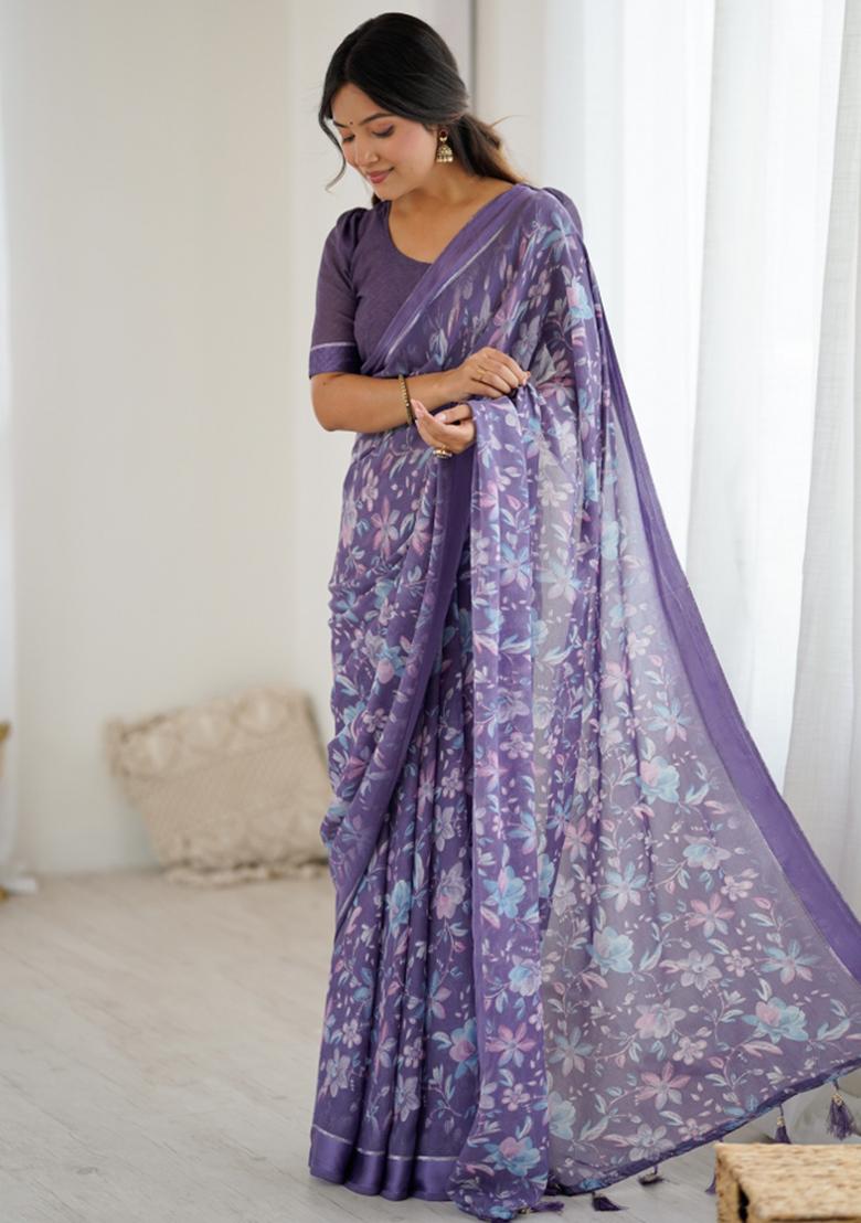 Lavender Printed Blended Saree Collection - Indya