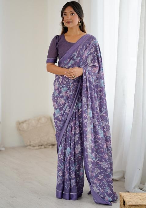 Lavender Printed Blended Saree Collection
