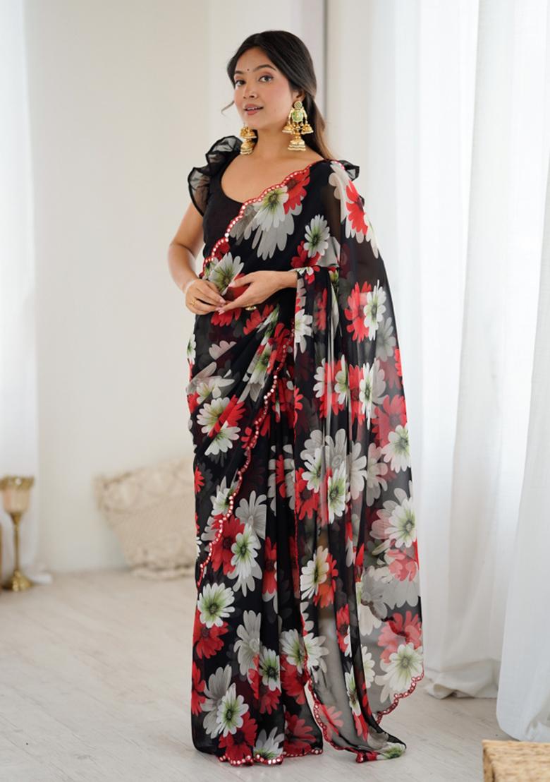 Black Printed Blended Saree Collection - Indya