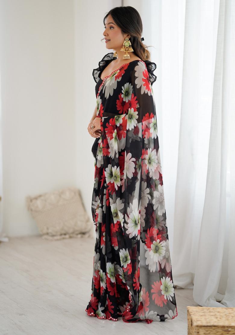 Black Printed Blended Saree Collection - Indya