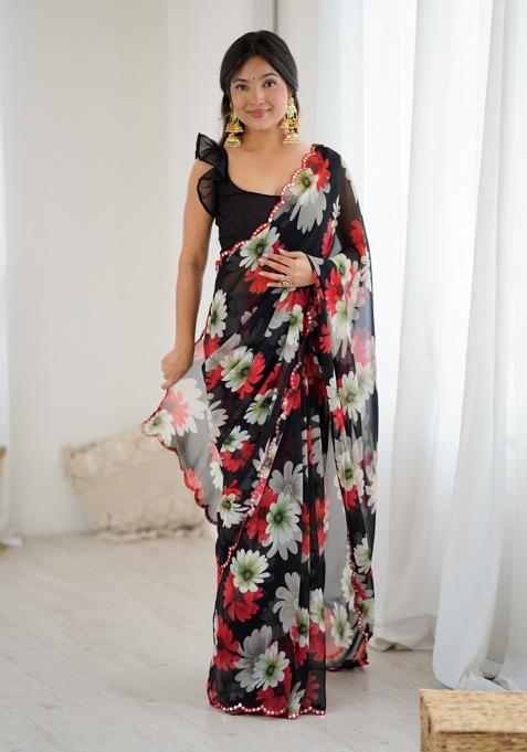 Black Printed Blended Saree Collection