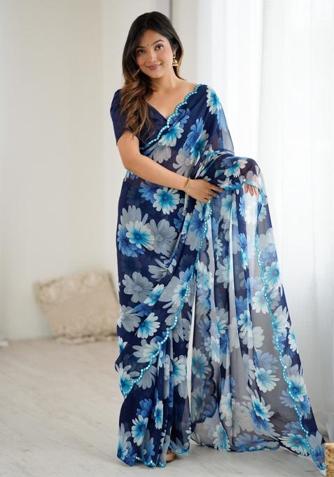 Blue Printed Blended Saree Collection
