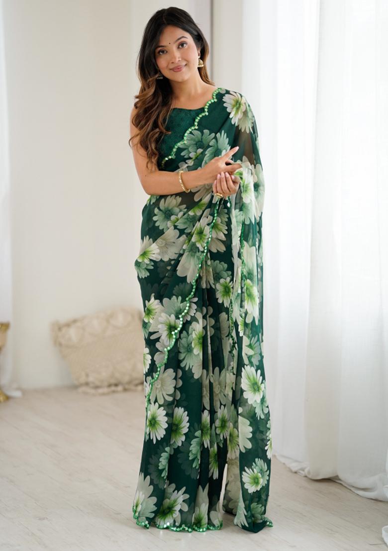 Green Printed Blended Saree Collection - Indya