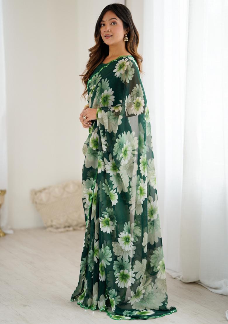 Green Printed Blended Saree Collection - Indya