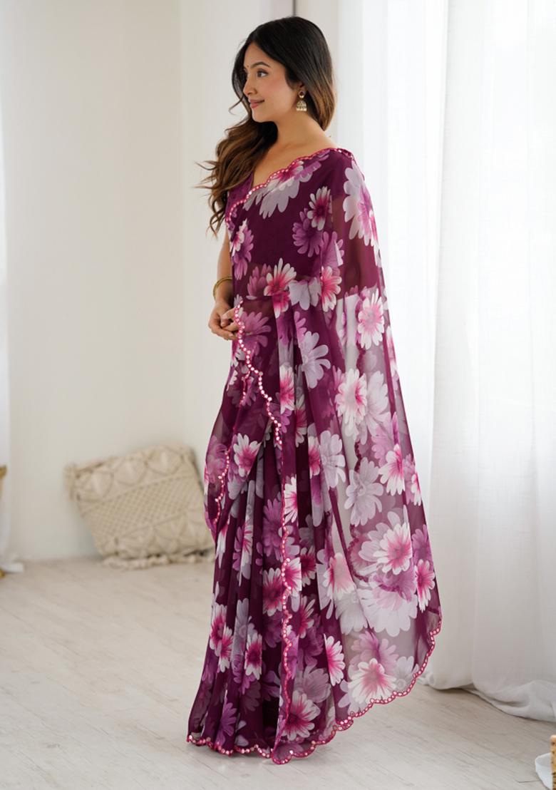 Purple Printed Blended Saree Collection - Indya