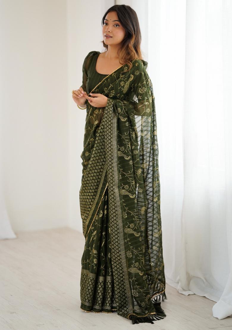 Mehendi Lace Border Blended Saree Collection - Indya