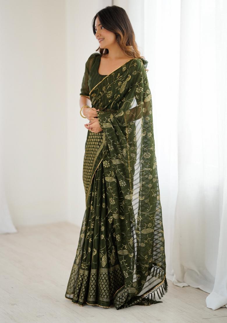 Mehendi Lace Border Blended Saree Collection - Indya