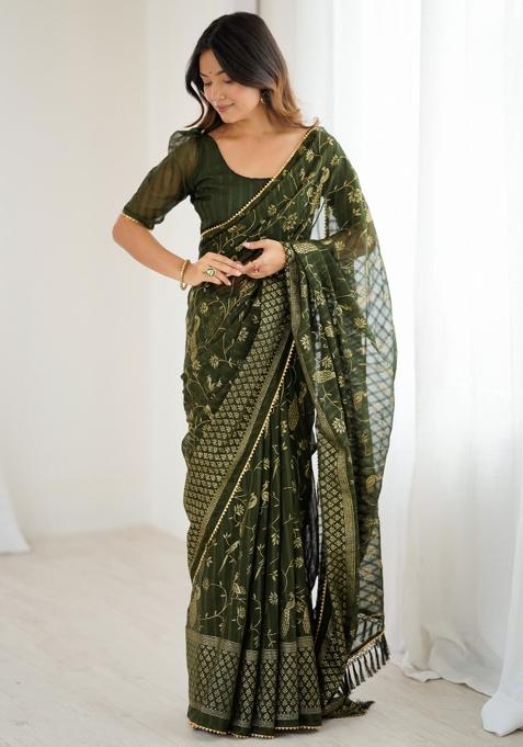 Mehendi Lace Border Blended Saree Collection