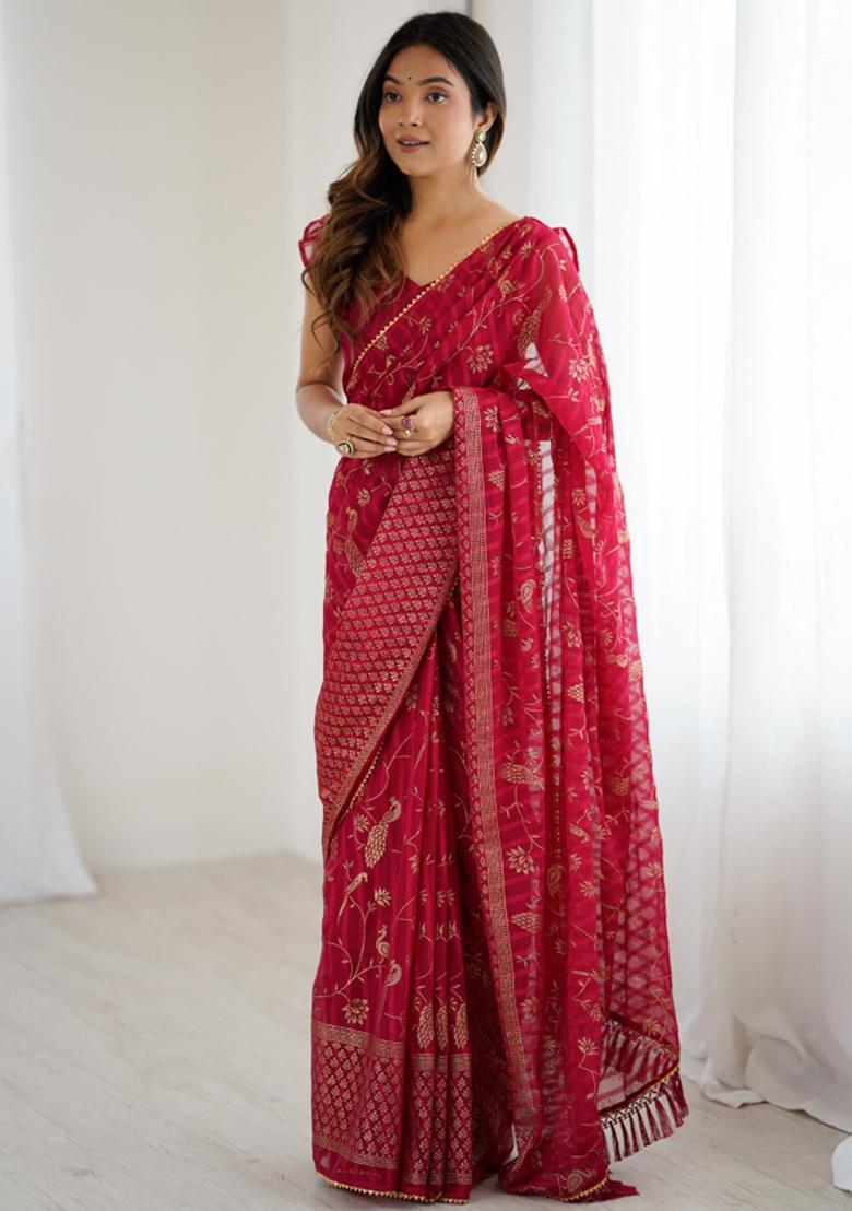 Pink Lace Border Blended Saree Collection - Indya