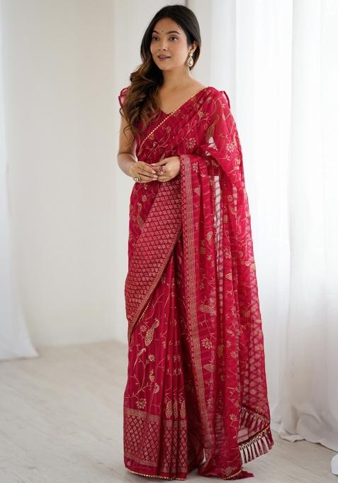 Pink Lace Border Blended Saree Collection