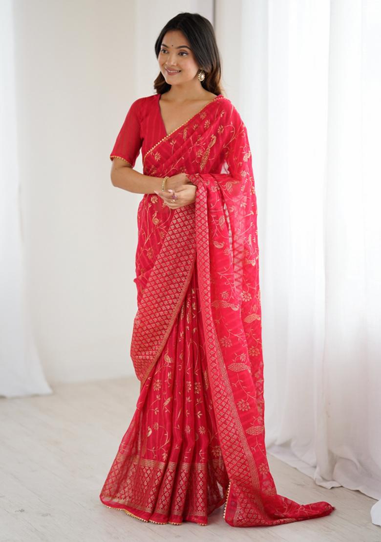 Red Lace Border Blended Saree Collection - Indya