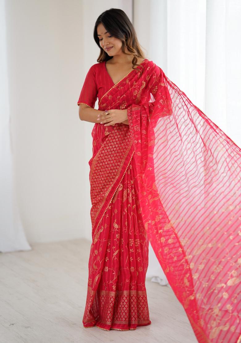 Red Lace Border Blended Saree Collection - Indya