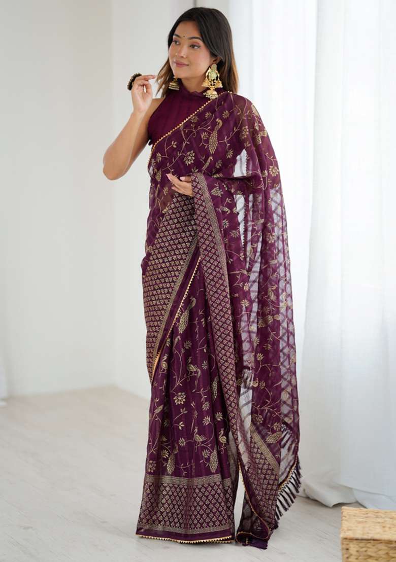 Wine Lace Border Blended Collection Saree for Diwali | Wedding & Festive Wear - Indya