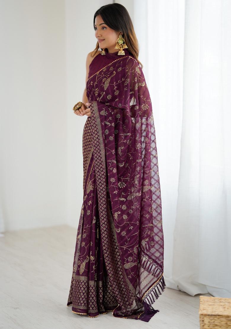 Wine Lace Border Blended Saree Collection - Indya
