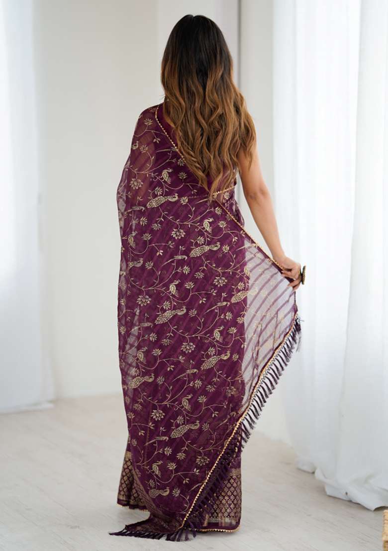 Wine Lace Border Blended Collection Saree for Diwali | Wedding & Festive Wear - Indya