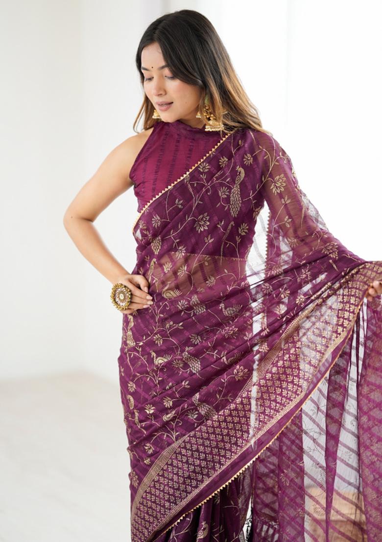Wine Lace Border Blended Saree Collection - Indya