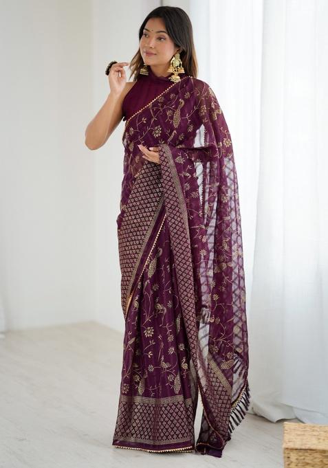 Wine Lace Border Blended Saree Collection