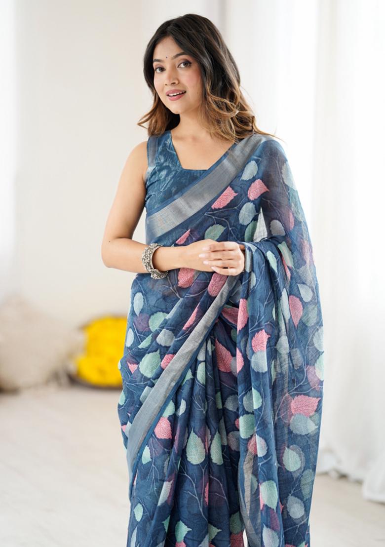 Blue Printed Blended Saree Collection - Indya