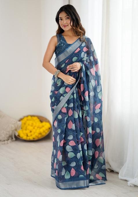 Blue Printed Blended Saree Collection