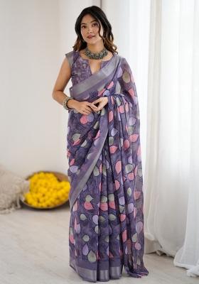 Lavender Printed Blended Saree Collection