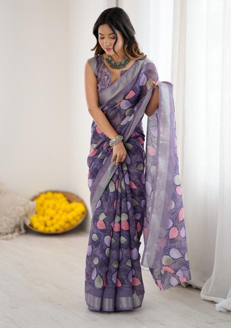 Lavender Printed Blended Saree Collection - Indya