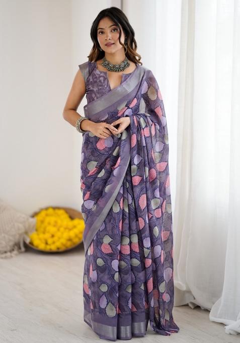 Lavender Printed Blended Saree Collection