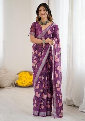 Purple Printed Blended Saree Collection
