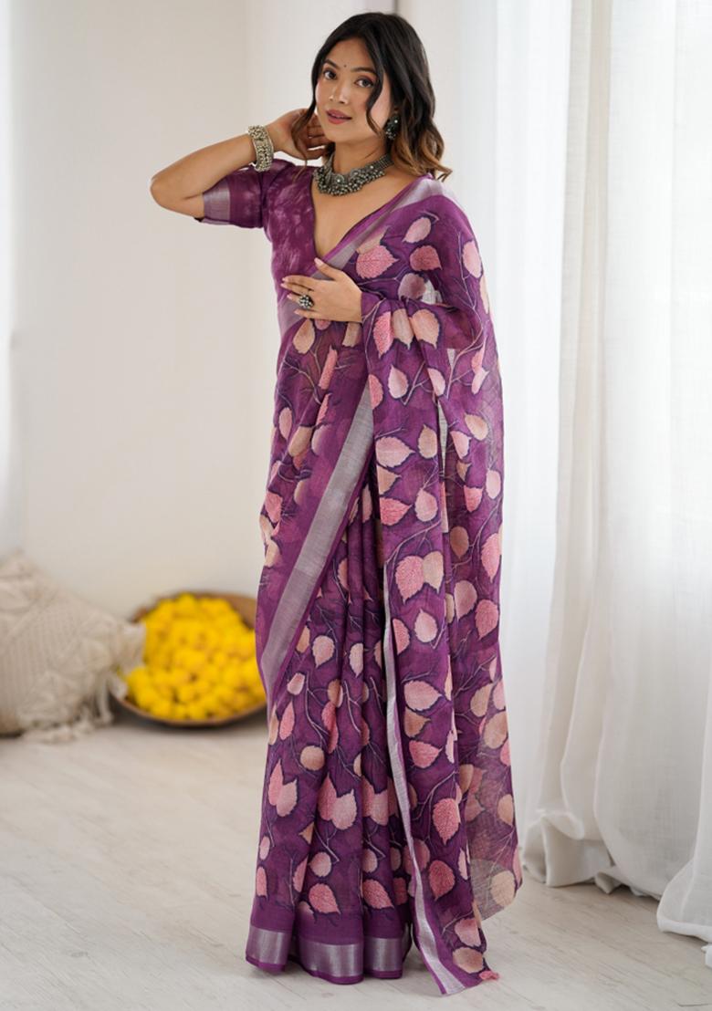 Purple Printed Blended Saree Collection - Indya