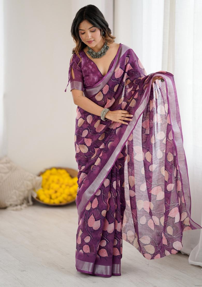 Purple Printed Blended Saree Collection - Indya