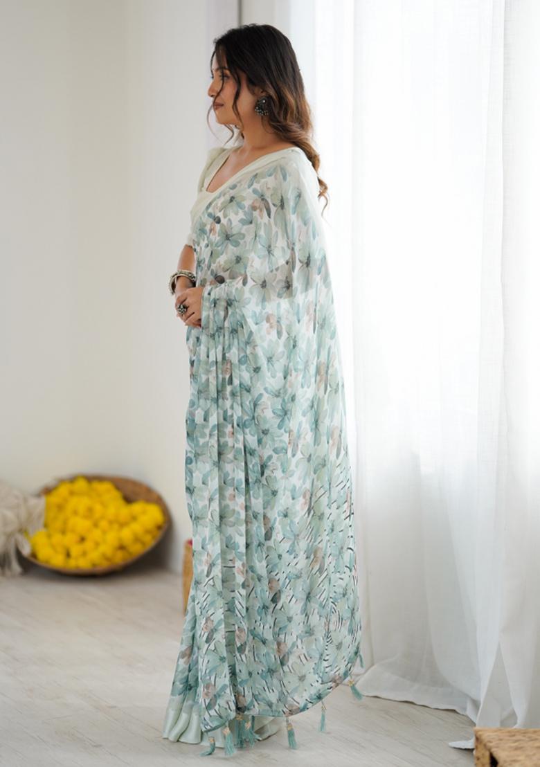 Green Printed Blended Saree Collection - Indya